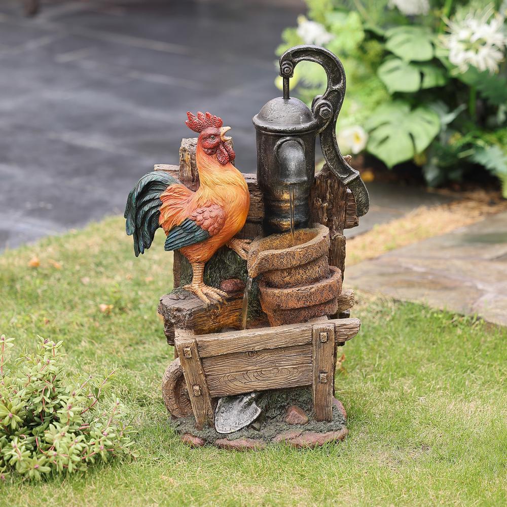 Farmhouse Pump and Rooster Resin Outdoor Fountain with LED Lights. Picture 3