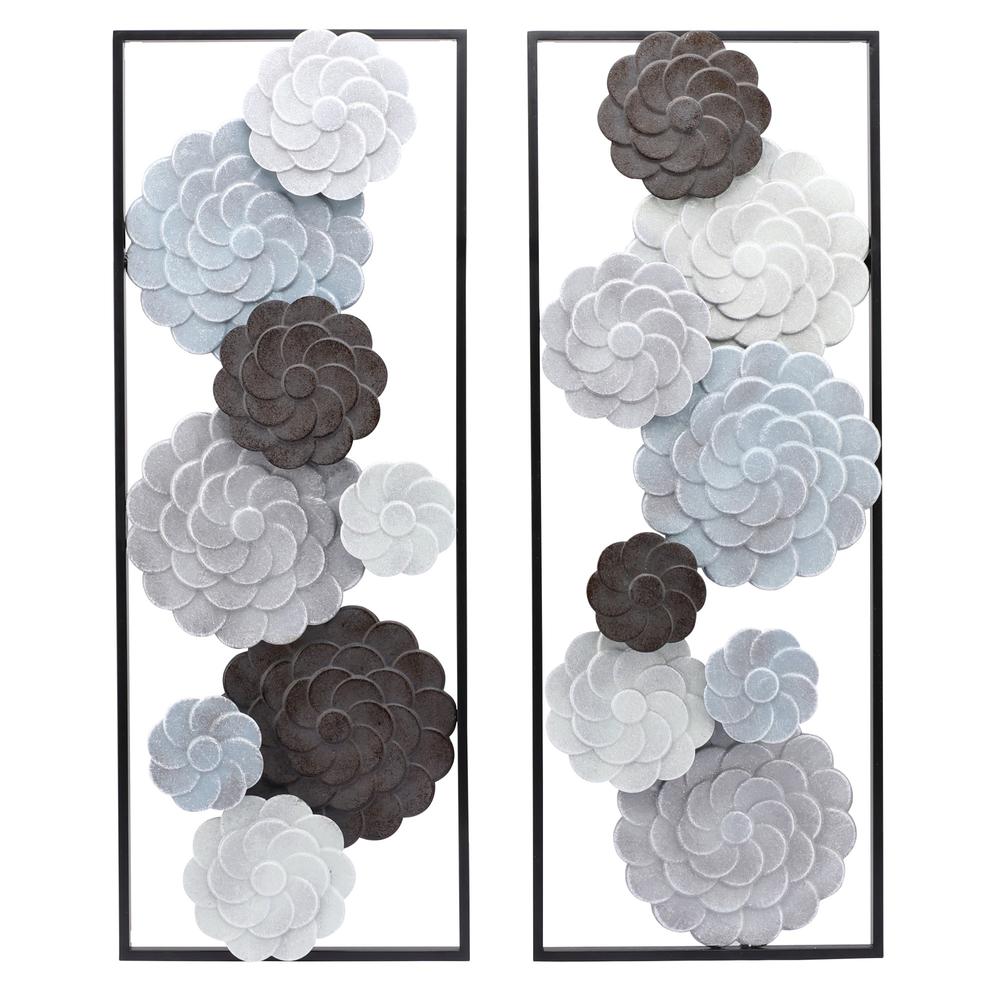 Multi-Color Flowers Metal Rectangular Panels Wall Decor, Set of 2. Picture 1