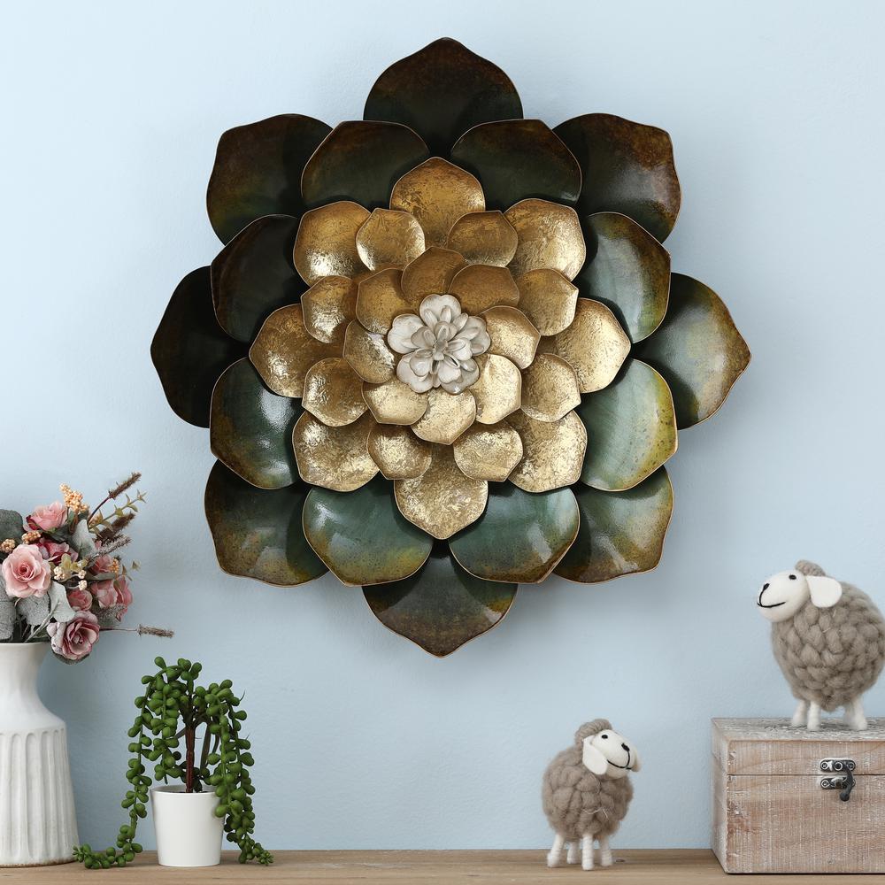 19-Inch Green, Gold, and White Metal Flower Wall Decor. Picture 3