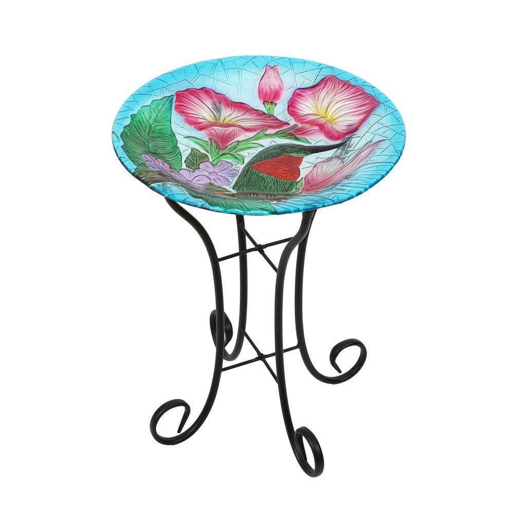 LuxenHome Hummingbird Floral Glass Bird Bath with Metal Stand. Picture 1