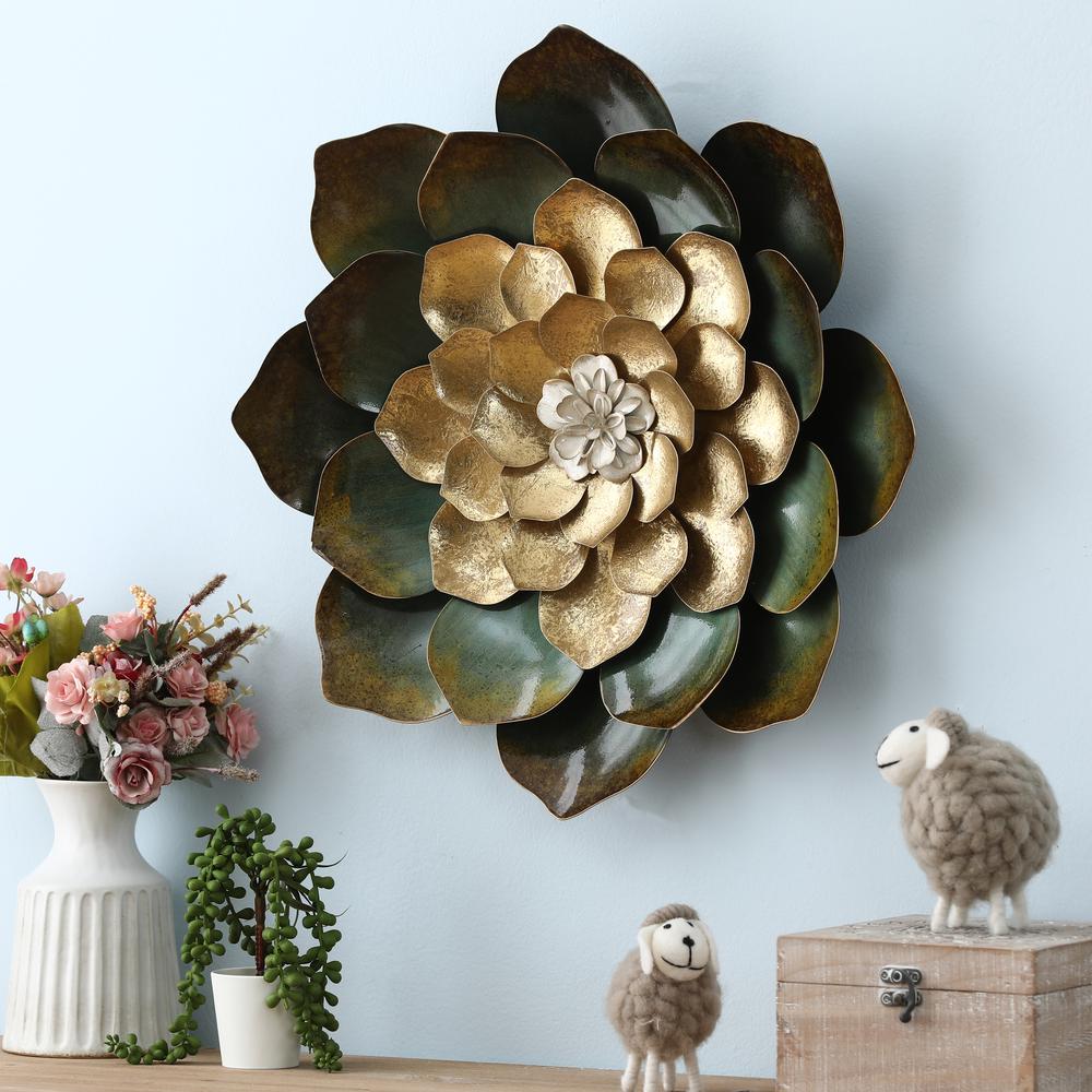 19-Inch Green, Gold, and White Metal Flower Wall Decor. Picture 4