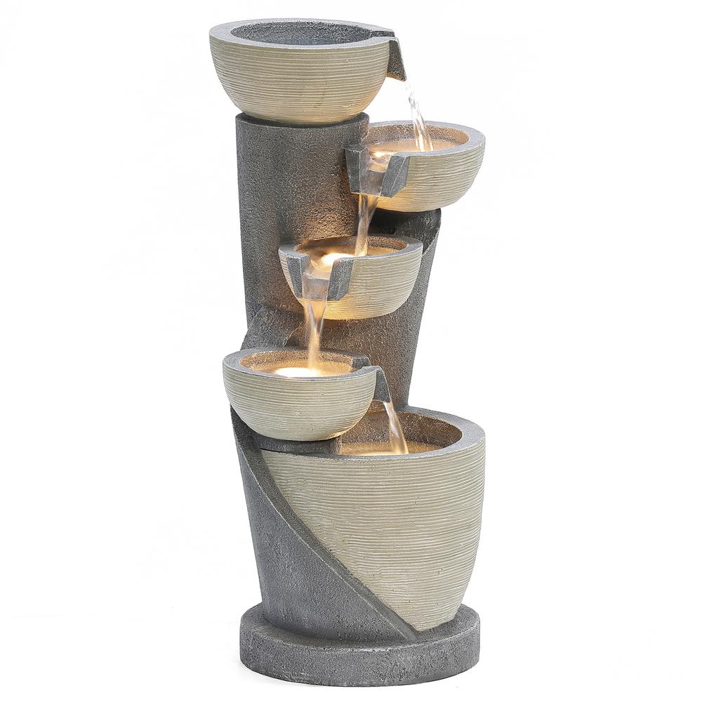 Gray Cascading Bowls and Column Resin Outdoor Fountain with LED Lights. Picture 7