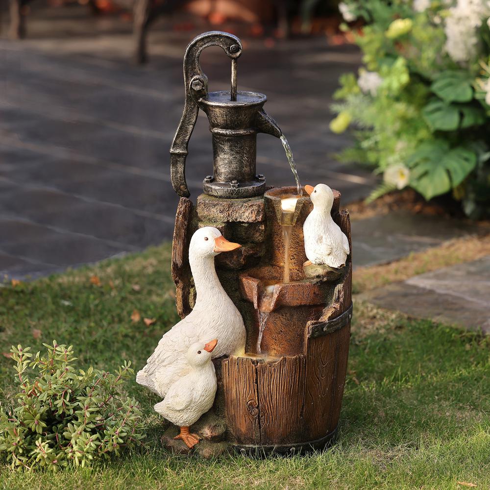 Farmhouse Pump and Duck Family Resin Outdoor Fountain with LED Lights. Picture 2