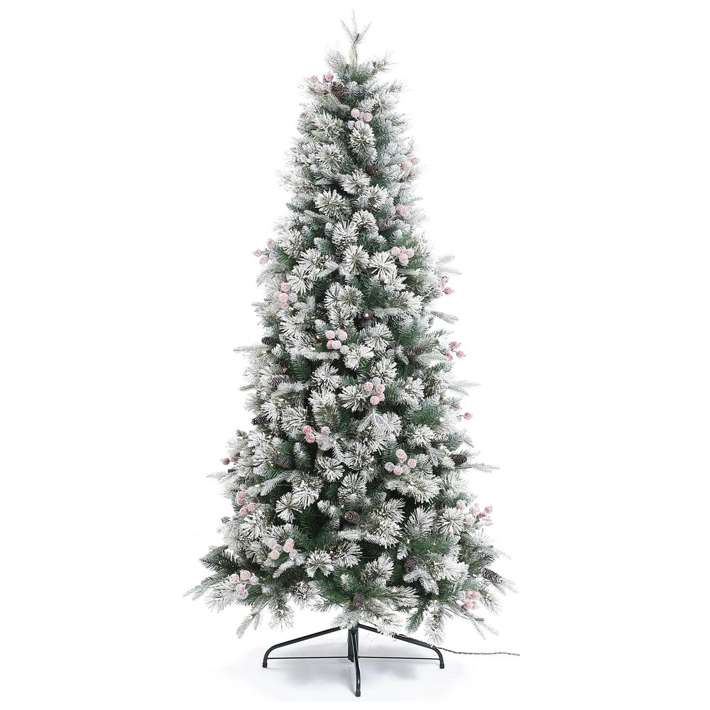 6.5Ft Pre-Lit Flocked Artificial Christmas Tree with Berries and Pine Cones. Picture 1