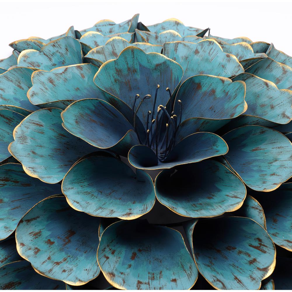 23.5" Round Teal Blue Flower Metal Wall Decor. Picture 7