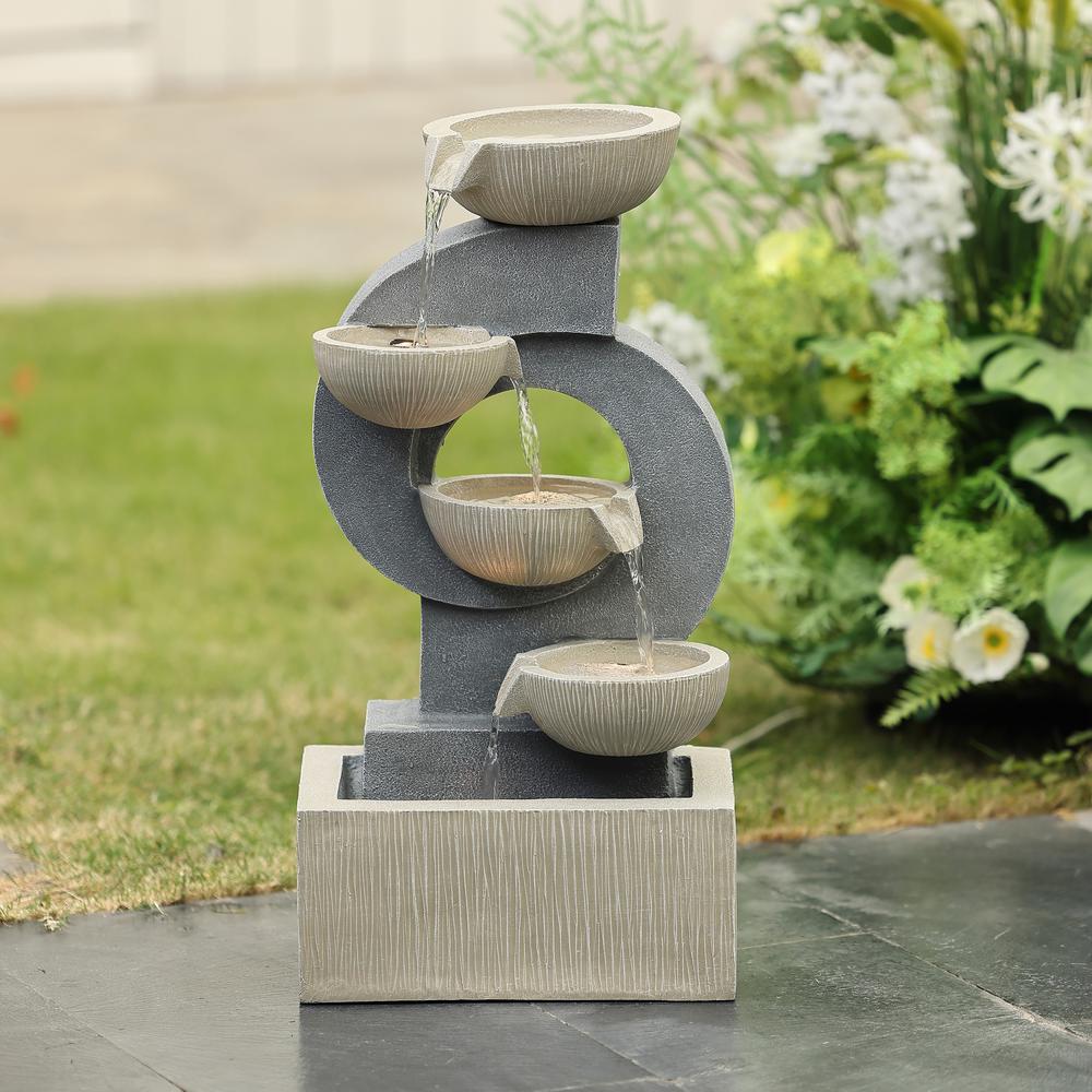 Gray Curves and Cascading Bowls Resin Outdoor Fountain with LED Lights. Picture 5