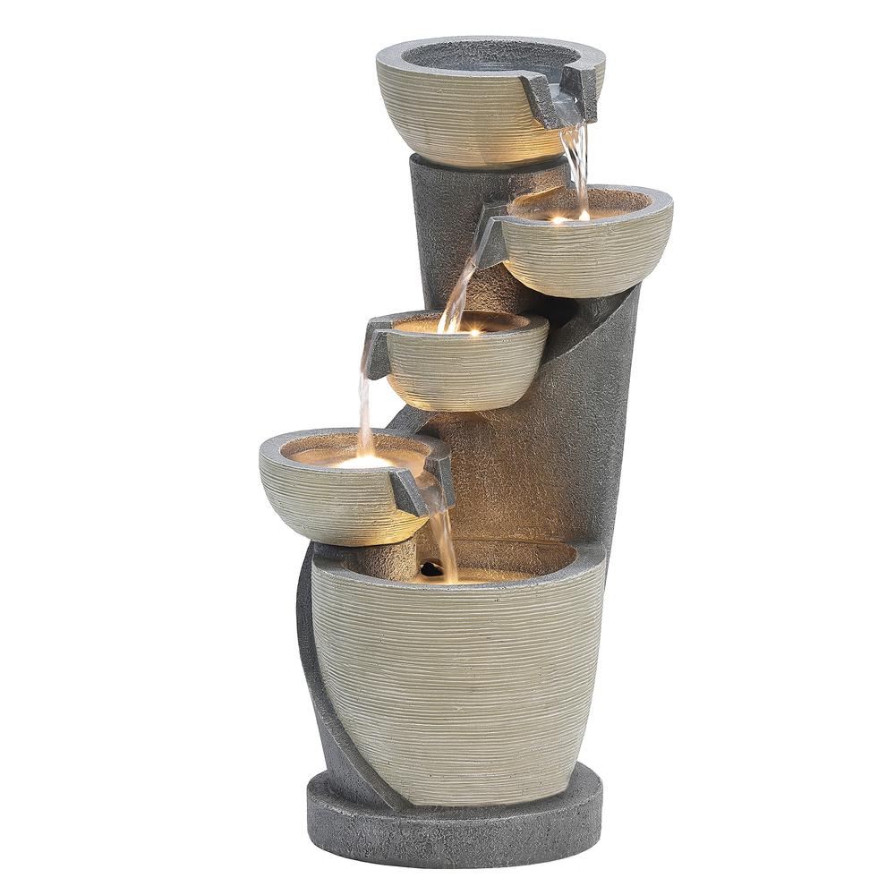 Gray Cascading Bowls and Column Resin Outdoor Fountain with LED Lights. Picture 8