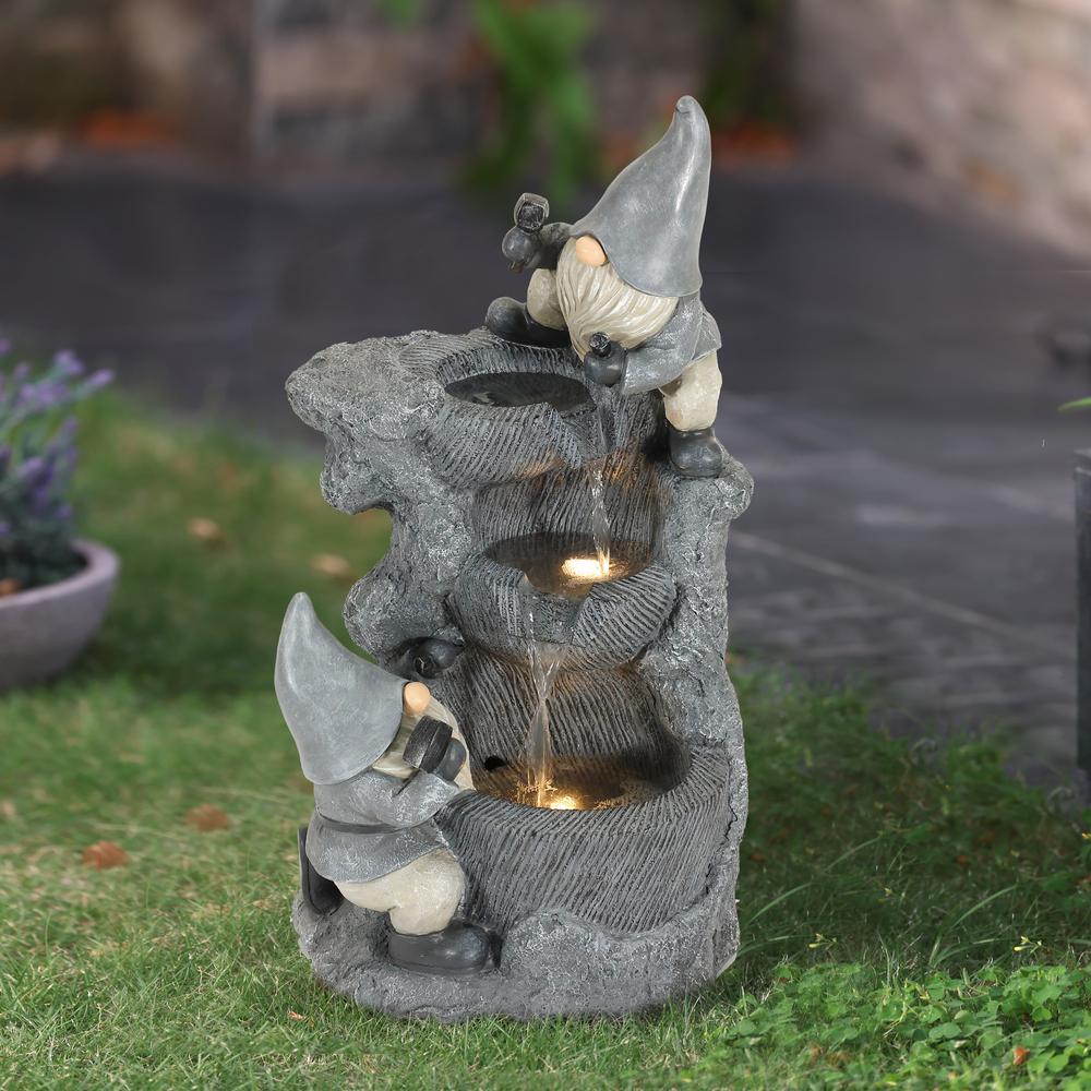Gray Resin Gnomes Rock Bowl Outdoor Fountain with LED Lights. Picture 3