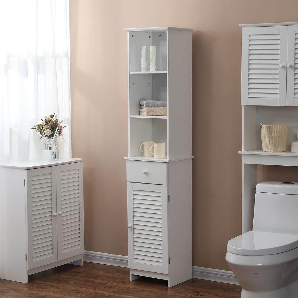 White MDF Wood 64-Inch Tall Tower Bathroom Linen Cabinet. Picture 4