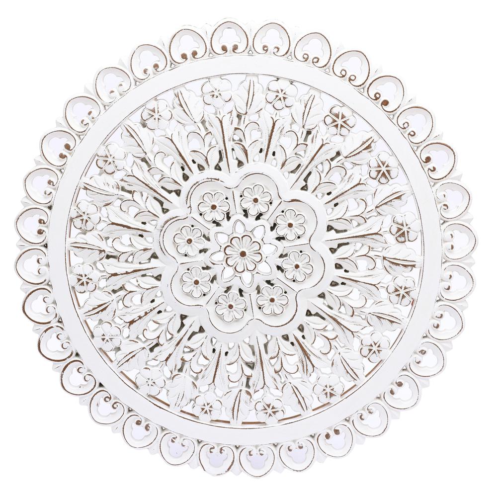 White Wood Flower Round Wall Decor. Picture 1