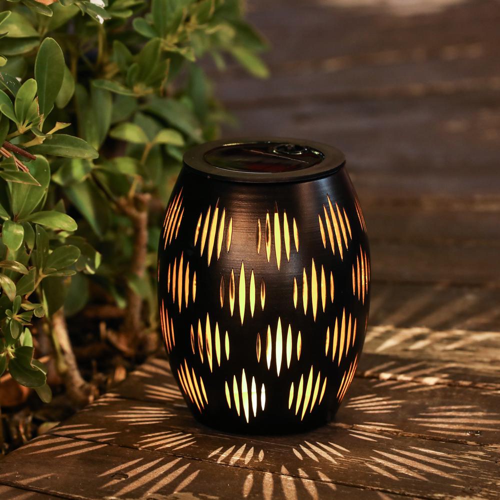LuxenHome 6-Inch Black Metal Solar Powered Outdoor Decorative Lantern. Picture 3