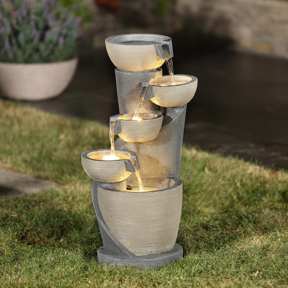 Gray Cascading Bowls and Column Resin Outdoor Fountain with LED Lights. Picture 5