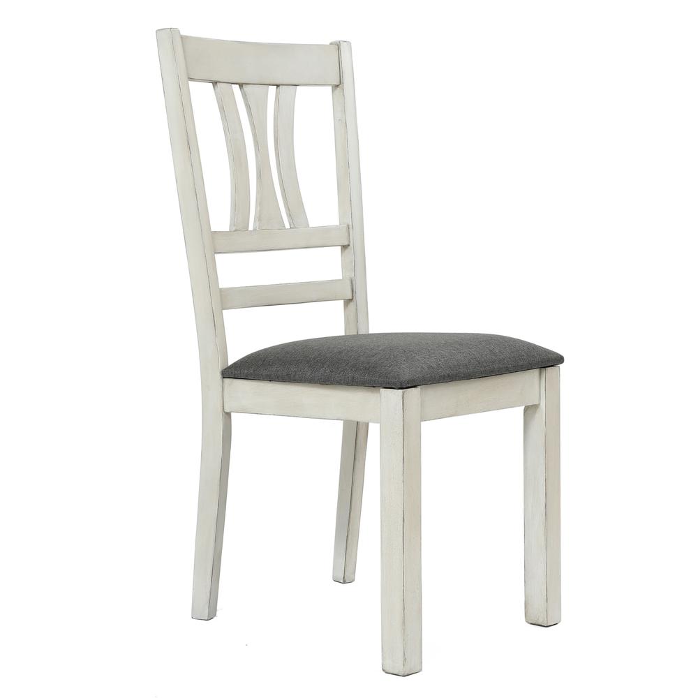 Distressed White Rubberwood and Gray Upholstered  Seat Dining Chair, Set of 2. Picture 2