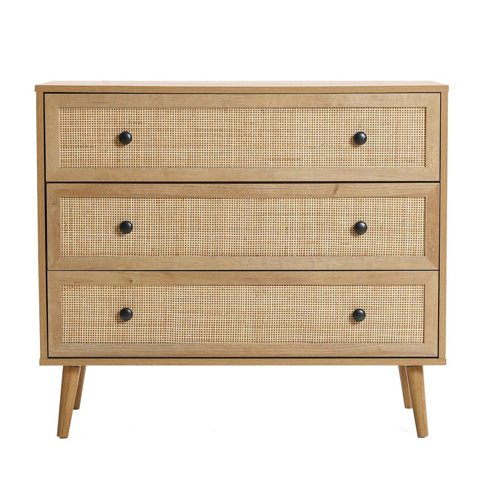 35.4" Wide 3-Drawer Rattan Light Oak Finish Wood Dresser. Picture 1