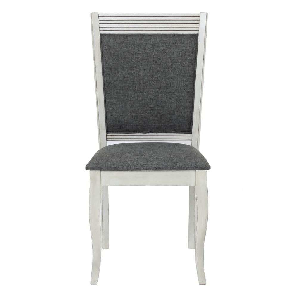 Distressed Off White Rubberwood and Gray Upholstered Dining Chair, Set of 2. Picture 1
