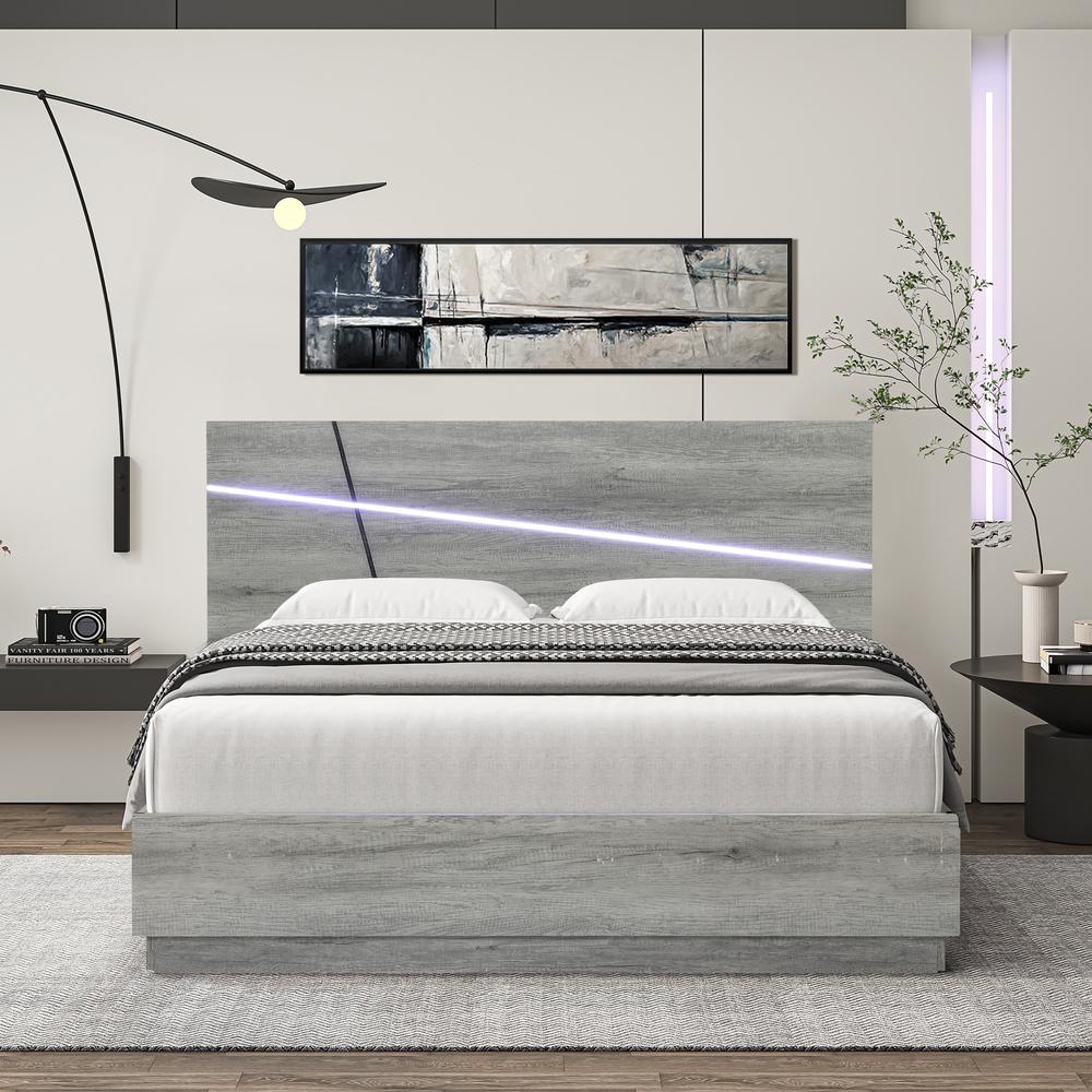 Modern Gray Queen Platform Bed Headboard and Frame Set with Lights. Picture 4