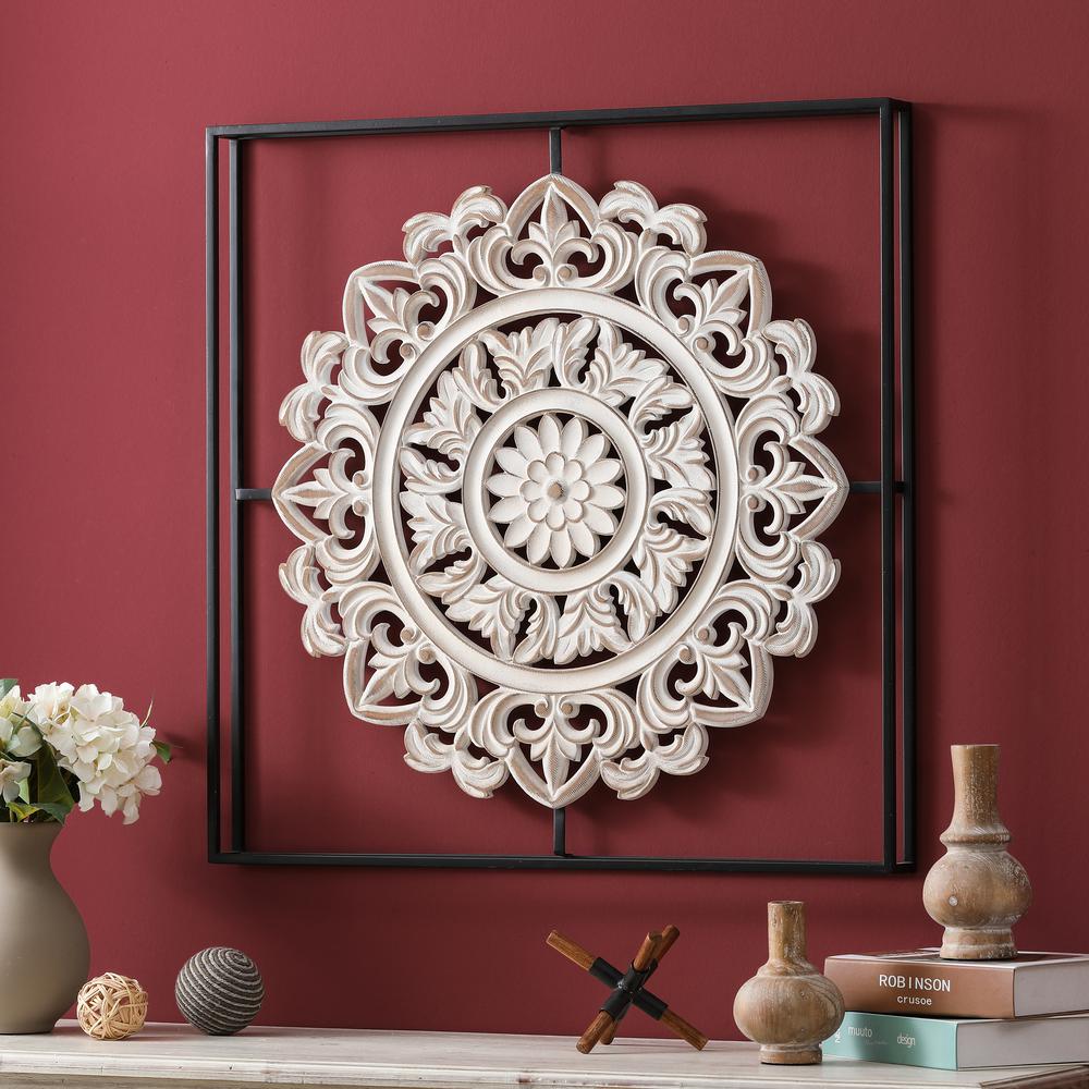 Distressed White Wood Flower Iron Square Wall Decor. Picture 3