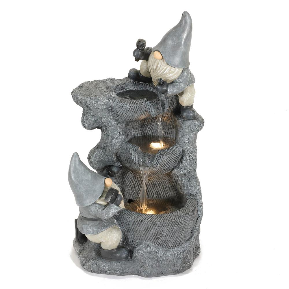 Gray Resin Gnomes Rock Bowl Outdoor Fountain with LED Lights. Picture 1