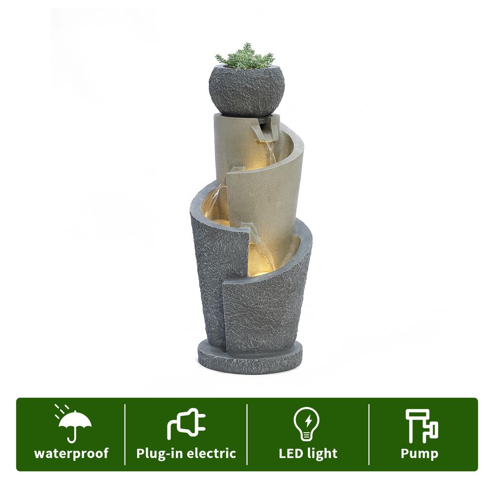 Gray Resin Cascading Spiral Outdoor Fountain with LED Lights. Picture 10
