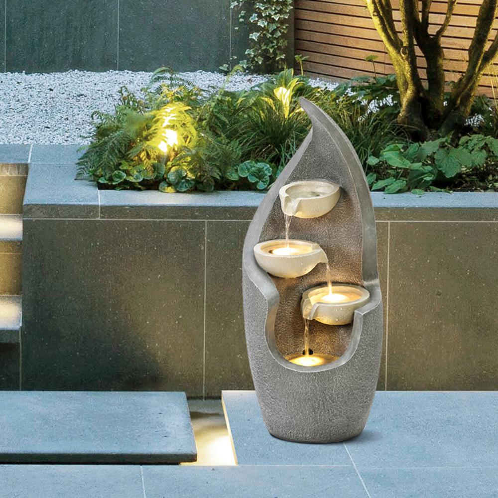 Gray Curves Cascading Bowls Resin Outdoor Fountain with LED Lights. Picture 6