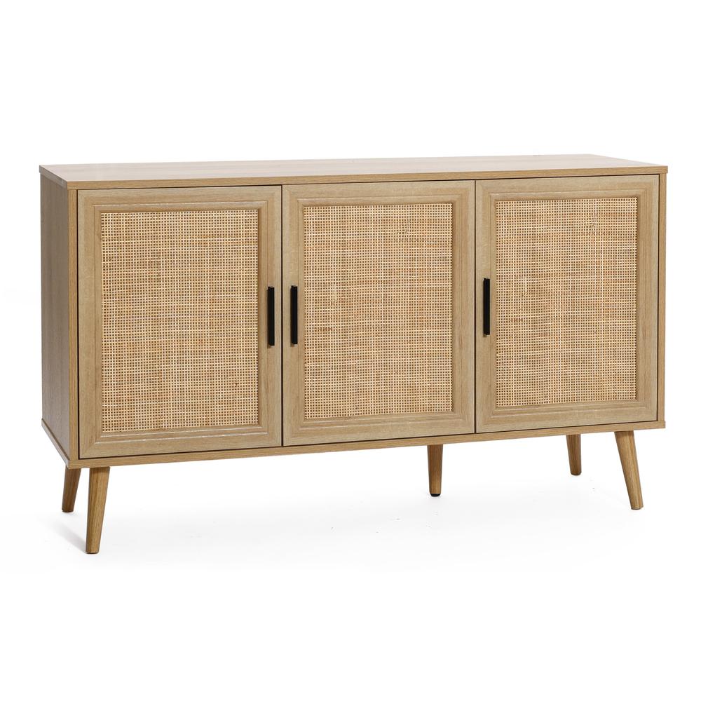 47.2" Wide 3-Door Rattan Light Oak Finish Wood Sideboard Cabinet. Picture 3