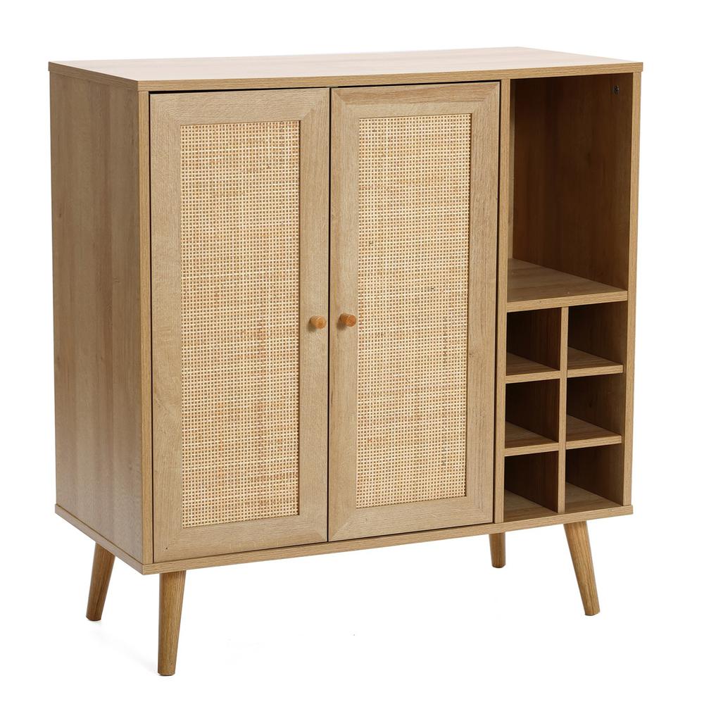 35" Tall 2-Door Rattan Light Oak Finish Wood Wine and Storage Cabinet. Picture 2
