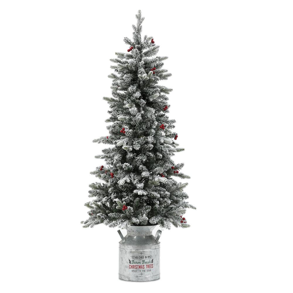 5ft Pre-Lit Flocked Artificial Christmas Tree with Metal Pot. Picture 1