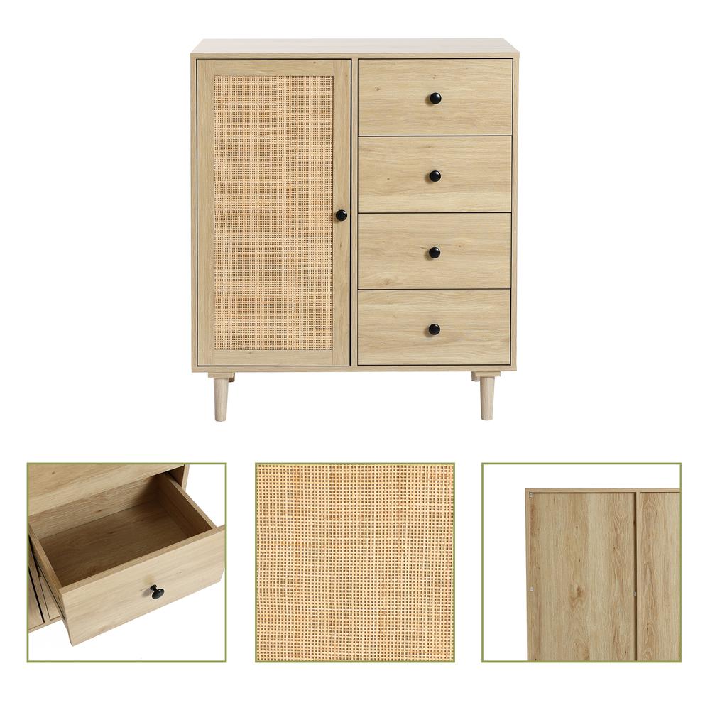 White Oak Finish Wood and Rattan 1-Door 4-Drawer Storage Cabinet. Picture 7