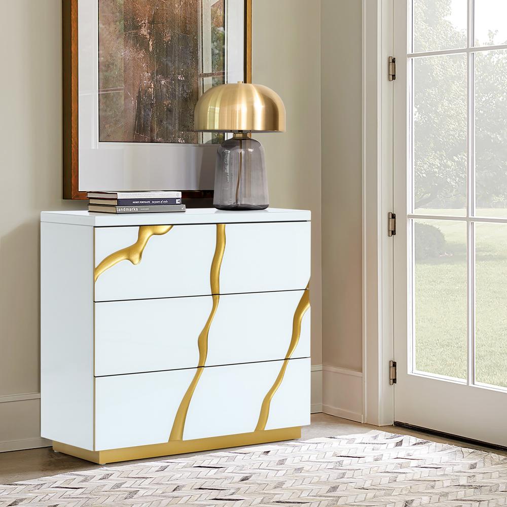 Modern White with Gold Ribbon 31.5" Tall 3-Drawer Bachelor Chest. Picture 12