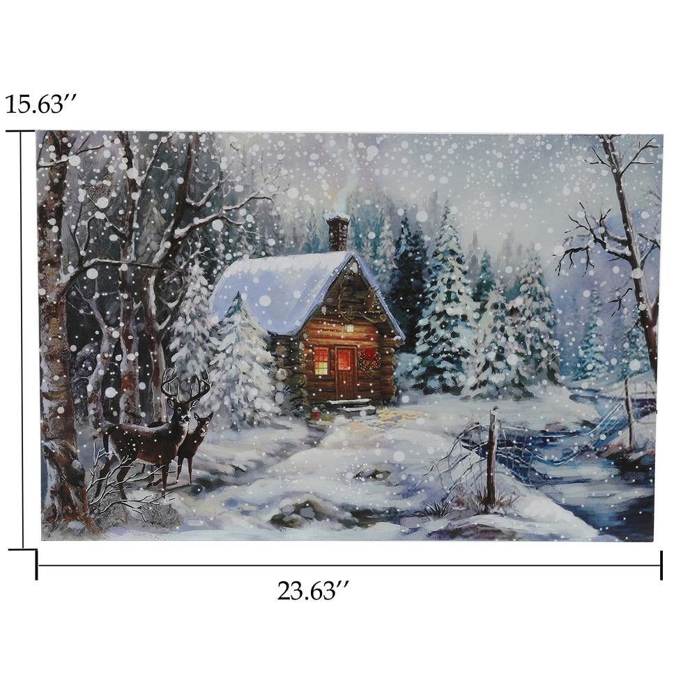 Winter Wonderland Log Cabin Lighted Canvas Print. Picture 6