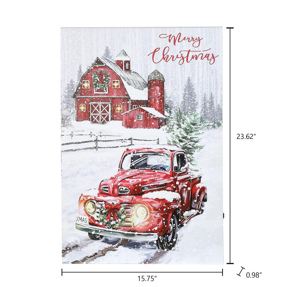 Merry Christmas Red Truck Winter Scene Lighted Canvas Print. Picture 8