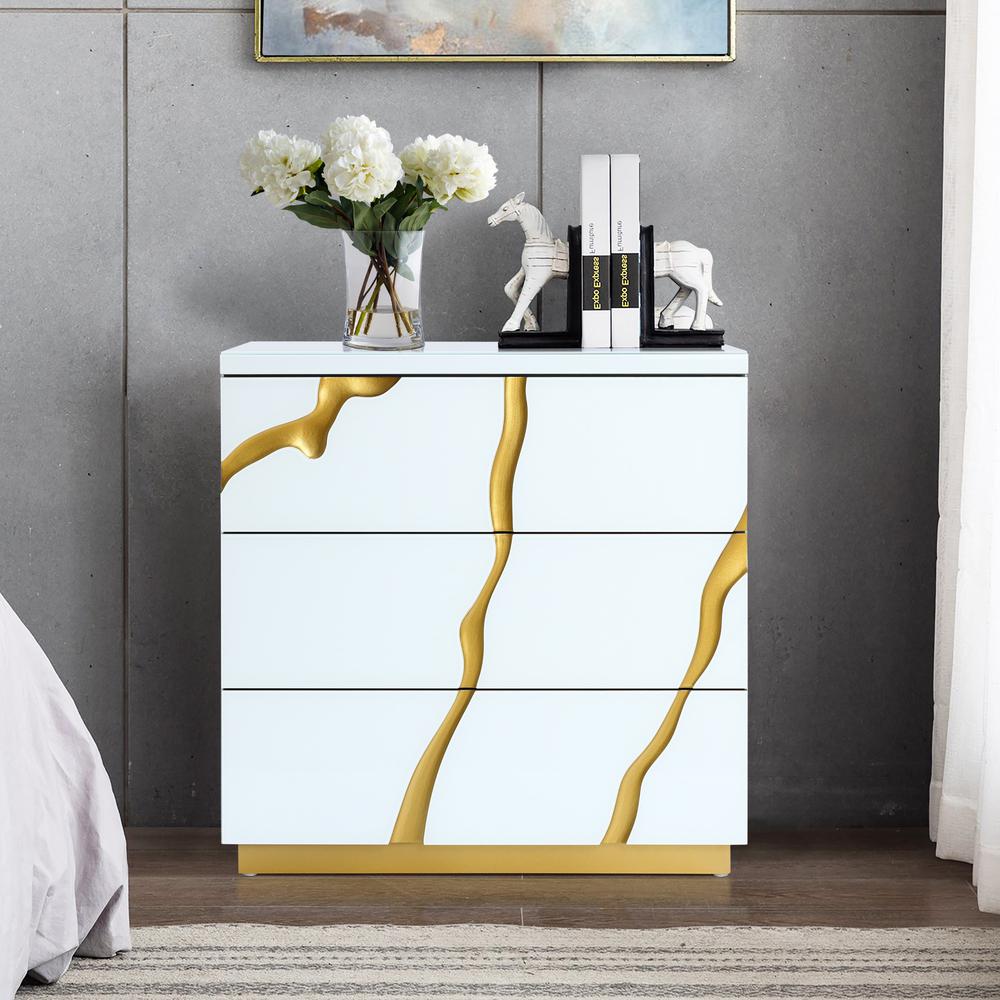 Modern White with Gold Ribbon 31.5" Tall 3-Drawer Bachelor Chest. Picture 10