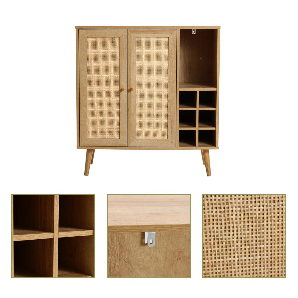 35" Tall 2-Door Rattan Light Oak Finish Wood Wine and Storage Cabinet. Picture 9