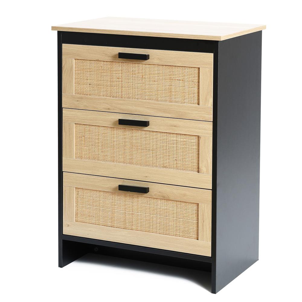 Black and Brown Wood 3-Drawer Rattan Chest. Picture 3