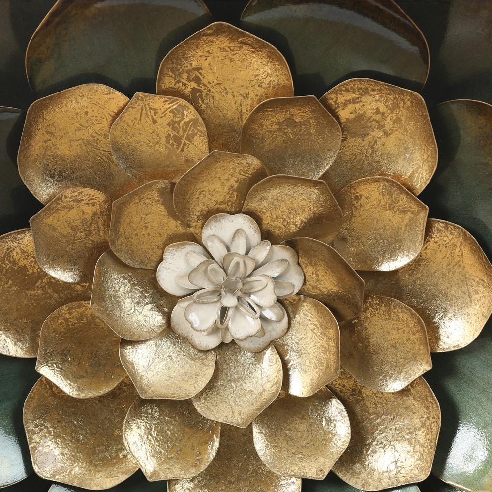 19-Inch Green, Gold, and White Metal Flower Wall Decor. Picture 6
