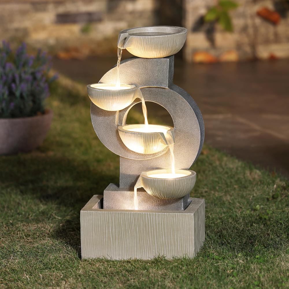 Gray Curves and Cascading Bowls Resin Outdoor Fountain with LED Lights. Picture 3