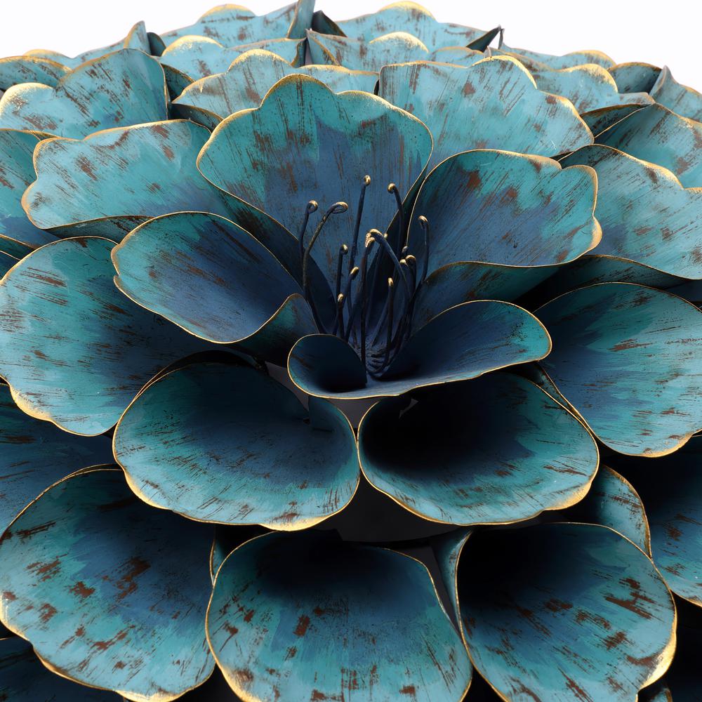 23.5" Round Teal Blue Flower Metal Wall Decor. Picture 2