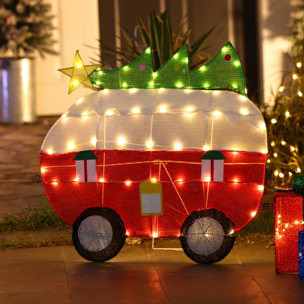 Red and White Camper with Tree Lighted Indoor Outdoor Holiday Decoration. Picture 2