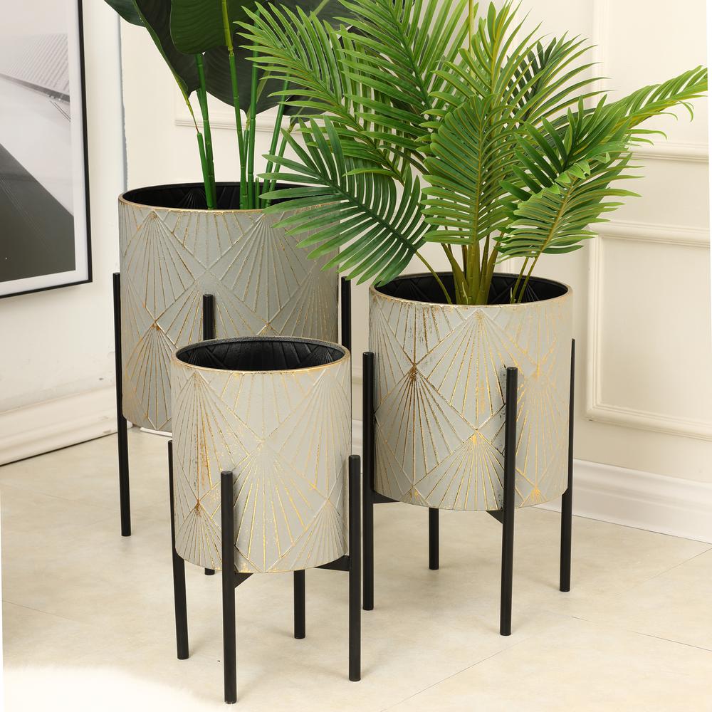 Three Piece White and Gold Metal Planters with Black Stand. Picture 2