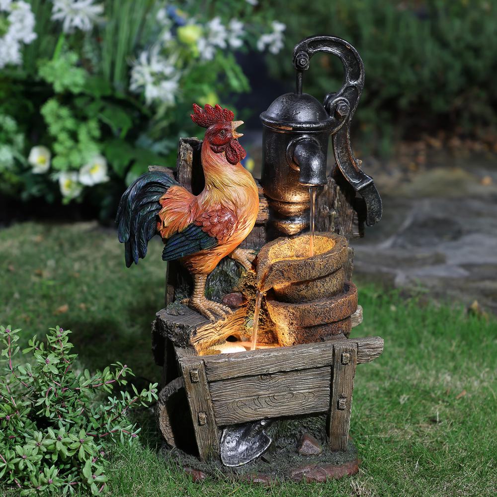 Farmhouse Pump and Rooster Resin Outdoor Fountain with LED Lights. Picture 4