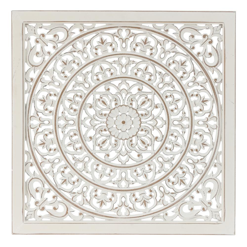 White Wood Square Floral-Patterned Wall Decor. Picture 1