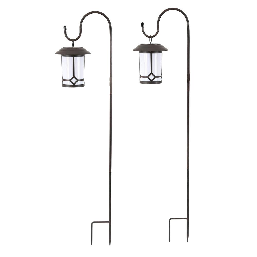Luxen Höme Set of 2 Brown/White Solar Plastic Lanterns with Metal Shepherd Hooks. Picture 1