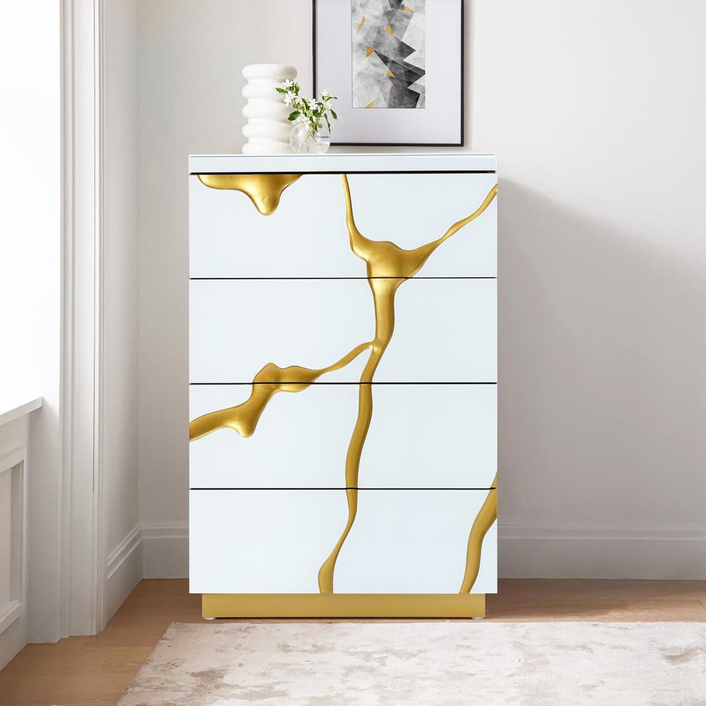 Modern White with Gold Ribbon 35.4" Tall 4-Drawer Chest. Picture 12
