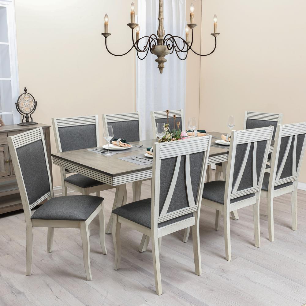 Distressed Off White Rubberwood and Gray Upholstered Dining Chair, Set of 2. Picture 7