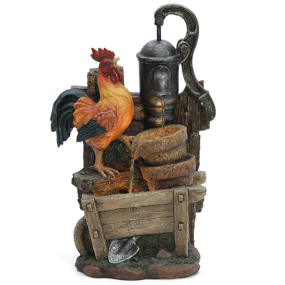 Farmhouse Pump and Rooster Resin Outdoor Fountain with LED Lights. Picture 1