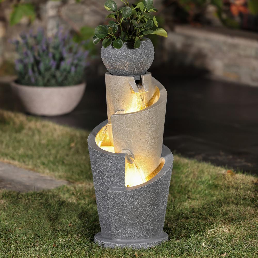 Gray Resin Cascading Spiral Outdoor Fountain with LED Lights. Picture 2