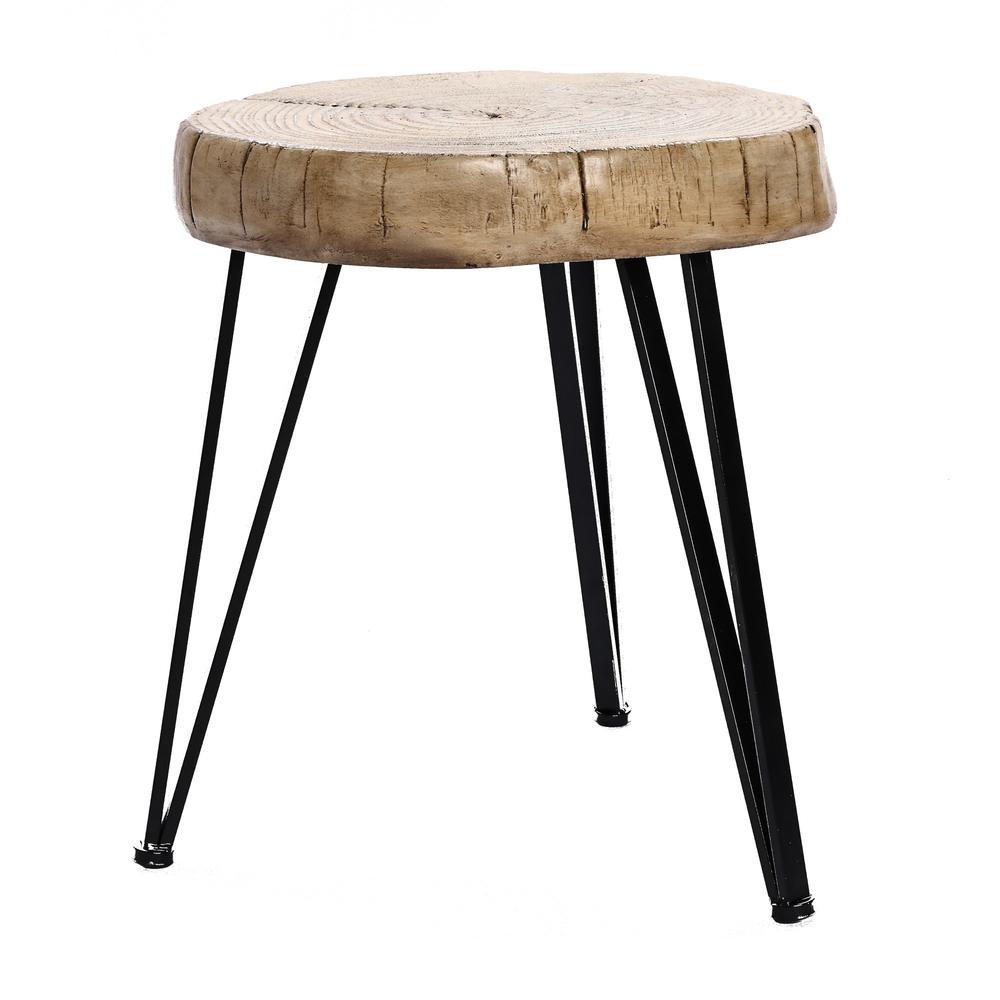 Natural Faux Wood Top with Black Metal Legs Side Table, Indoors and Outdoors. Picture 1