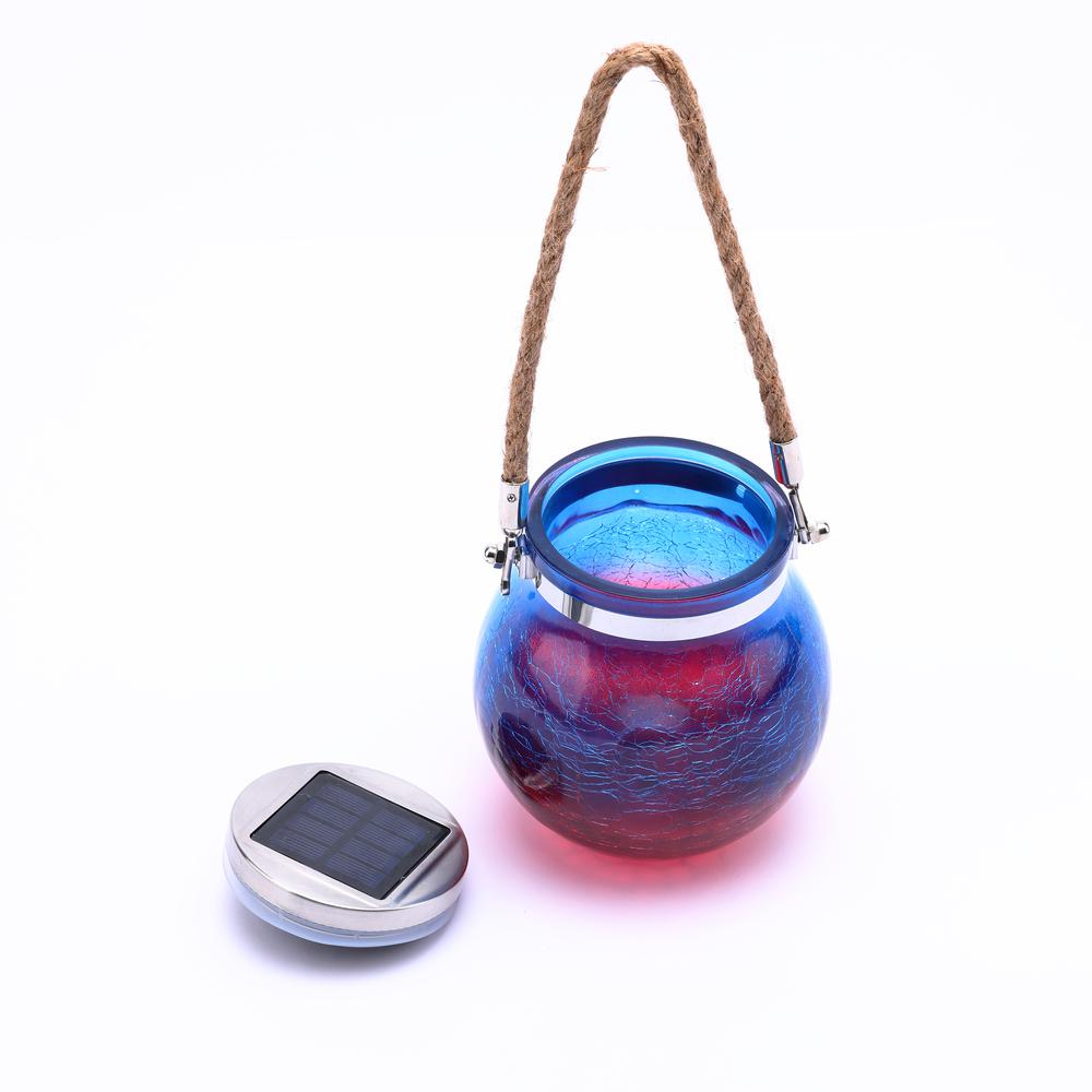 LuxenHome Blue and Red Crackle Glass Solar Outdoor Hanging and Table Lantern. Picture 3