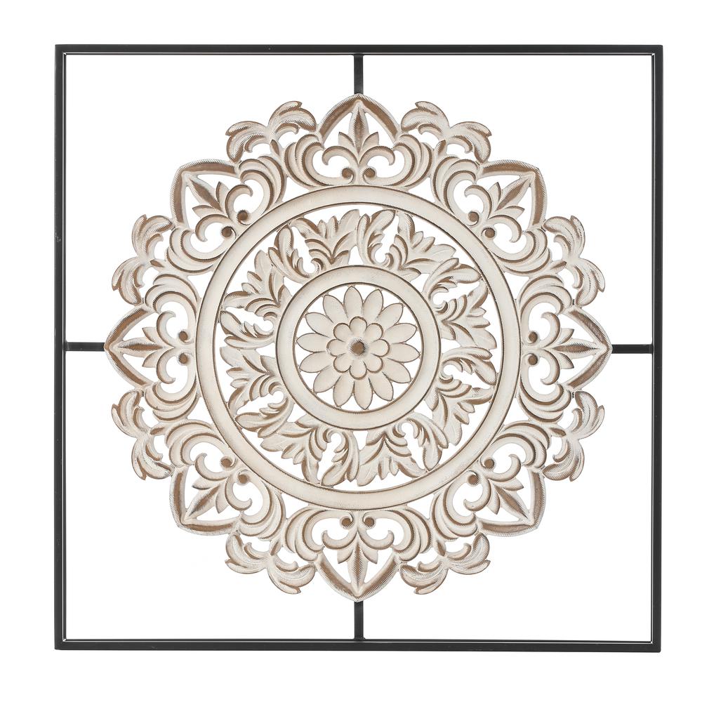 Distressed White Wood Flower Iron Square Wall Decor. Picture 1