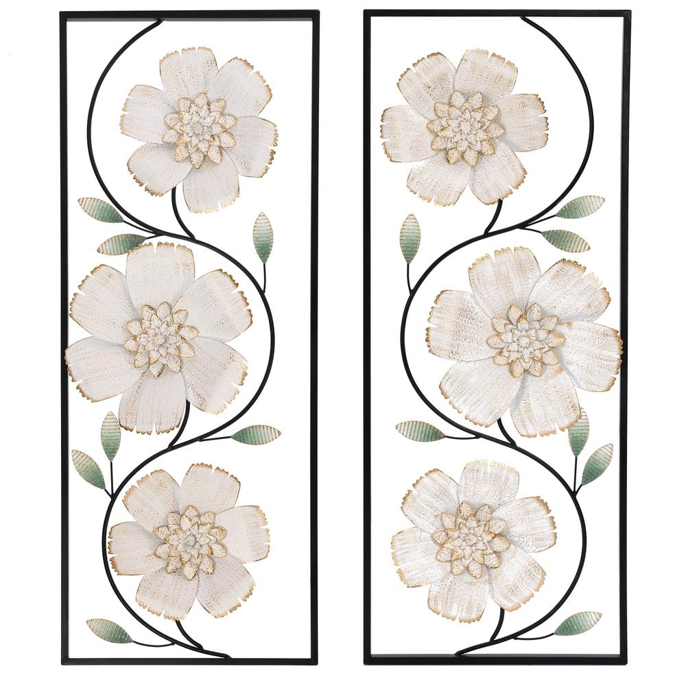 Off White and Gold Magnolia Flowers Black Metal Rectangular Wall Decor, Set of 2. Picture 1